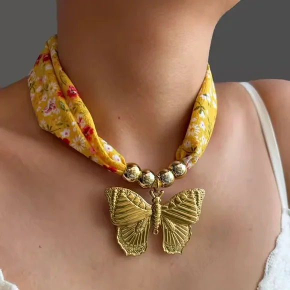Golden Butterfly 18K Gold Stainless Steel Floral Scarf Choker Necklace - Picture 3 of 11